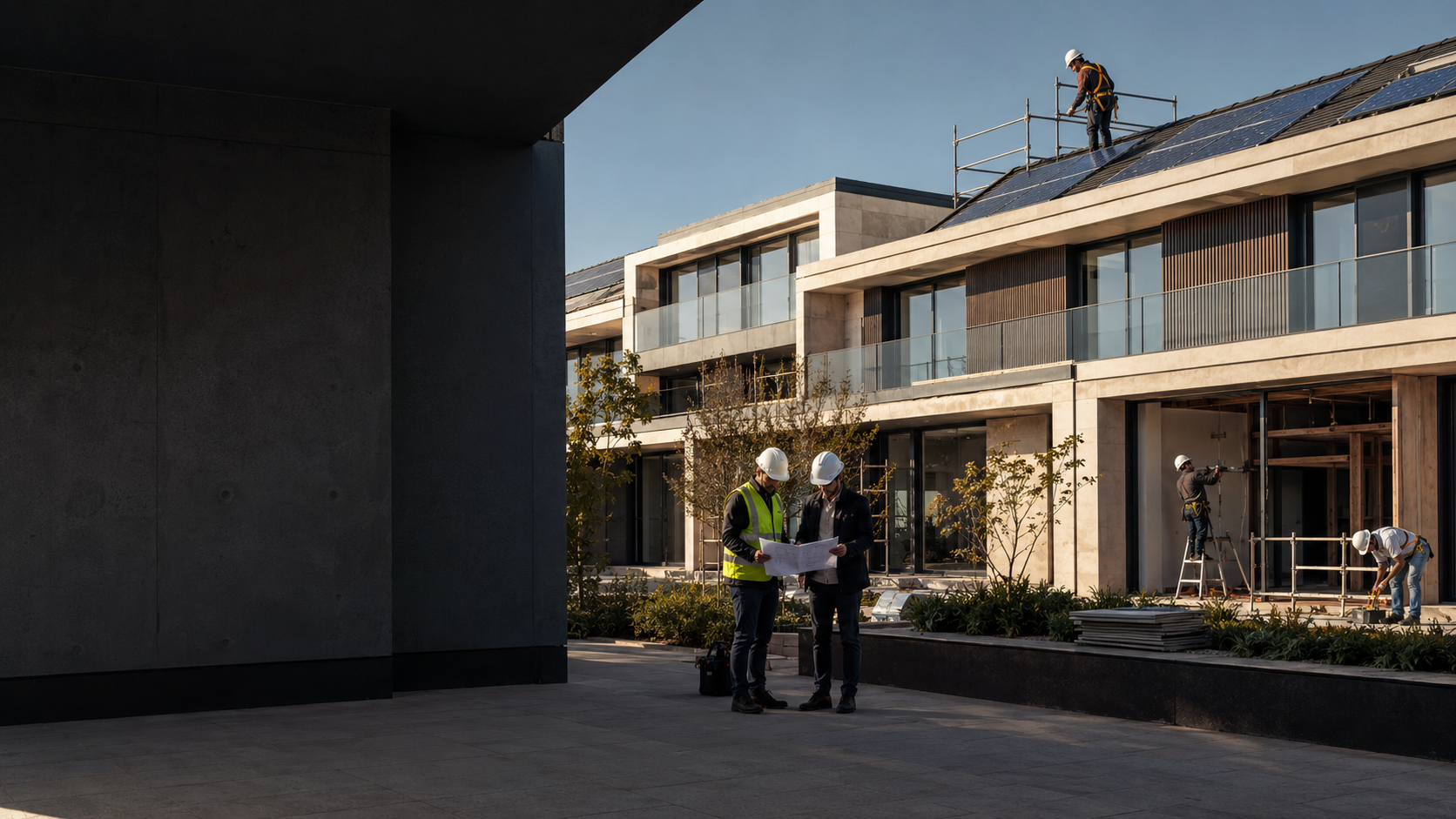 Profesionales trabajando en una promoción residencial con energía fotovoltaica